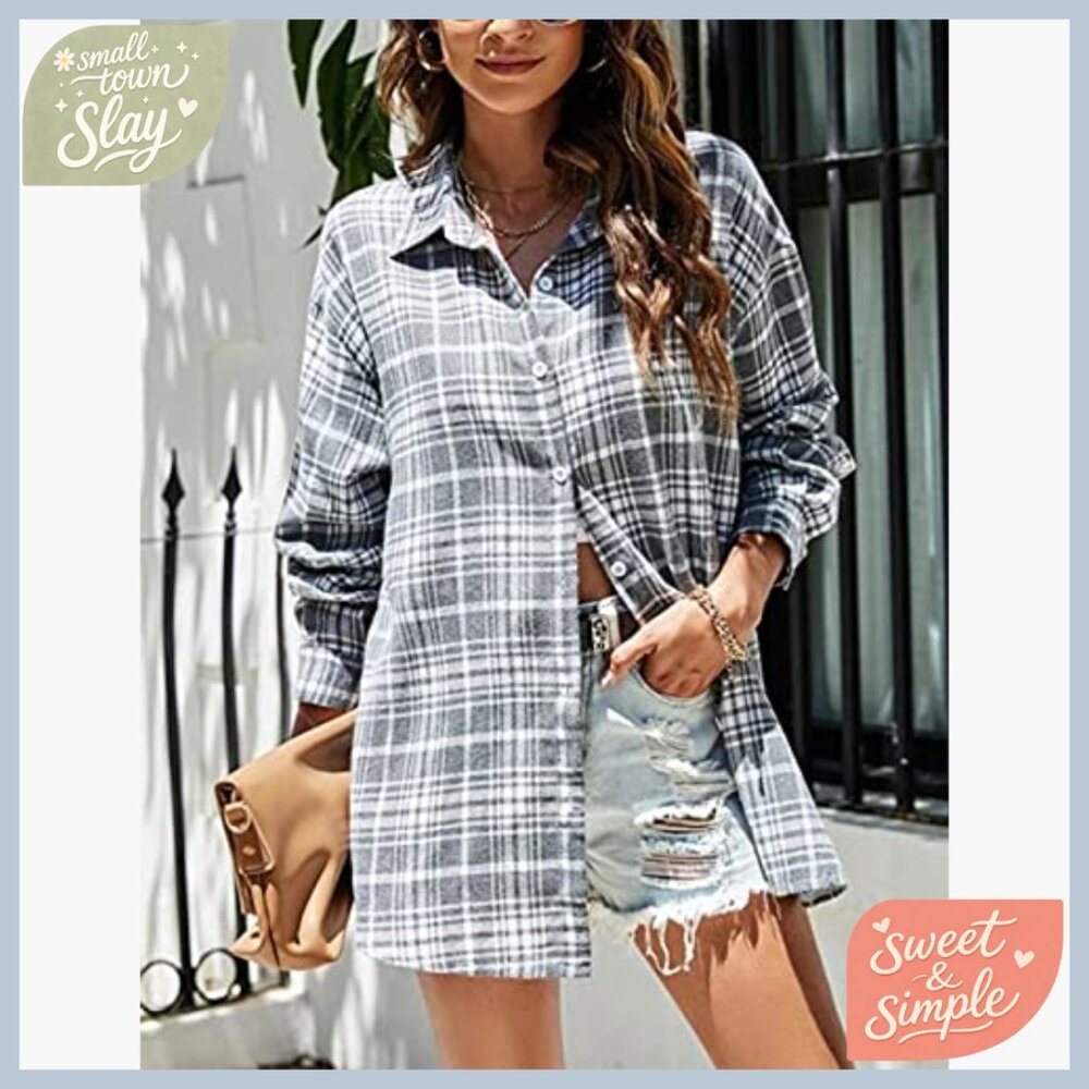Oversized Flannel Button Down Shirt Long Sleeve Loose Fit Plaid Blouse - Picture 2 of 7